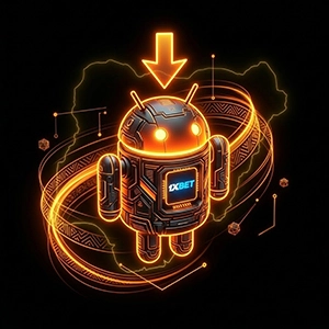 1xBet Nigeria Android install icon, glowing Android robot and install arrow with traditional Adire textile pattern on black background.