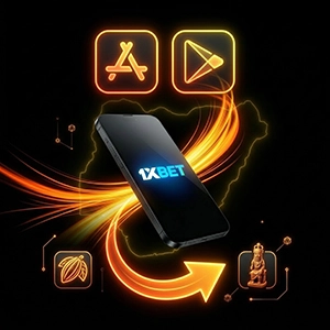 1xBet Nigeria download page icon, glowing App Store and Google Play icons pointing to a phone with the 1xBet logo on black background.