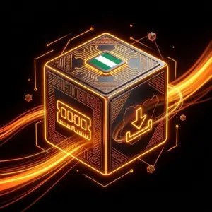 1xBet Nigeria app technical specifications icon, glowing CPU, RAM, and download icons with traditional Adire textile pattern on black background.