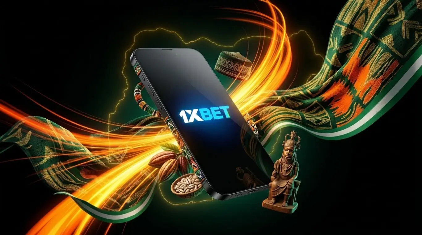 1xBet Nigeria mobile app review 2026: smartphone with national symbols on black background