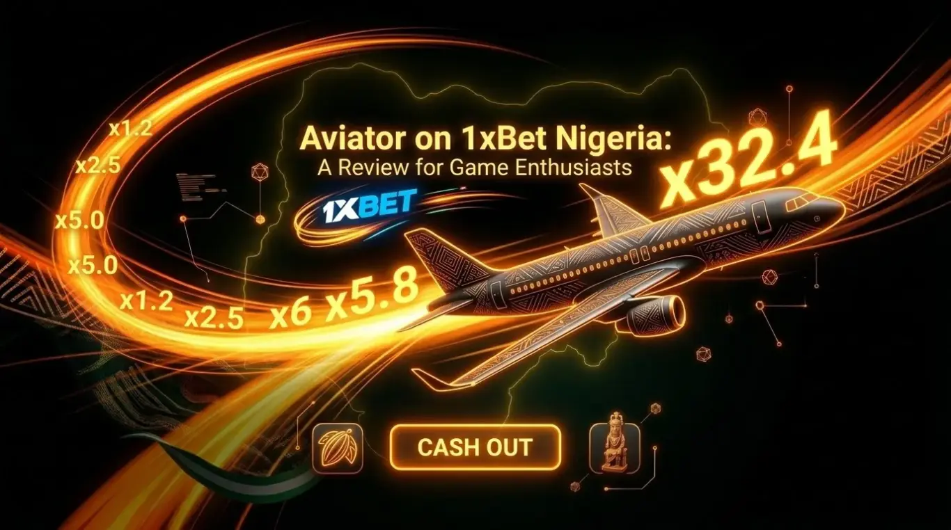 Aviator game on 1xBet Nigeria review banner, glowing plane with neon multipliers (x32.4), cash out button, and Nigerian map on black background.