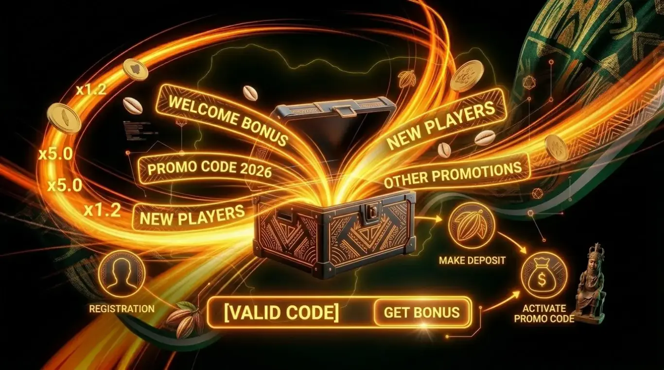 1xBet Nigeria promo code registration bonus banner, glowing treasure chest, validating code and get bonus with Nigerian map on black background.