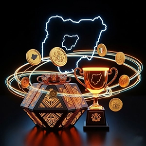 1xBet Nigeria app promotions for regular players, glowing gift box and trophy icon with orange neon Adire patterns on black background.