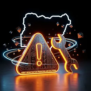 1xBet Nigeria registration troubleshooting: glowing warning sign and wrench icons with Adire patterns on black background.
