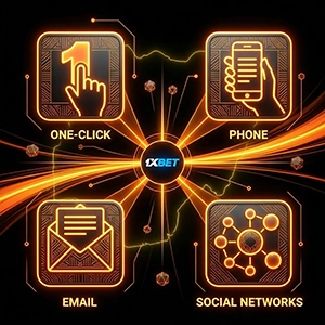 1xBet Nigeria registration methods icon, glowing icons for One-Click, Phone, Email, and Social Media with Adire textile pattern on black background.