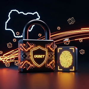 1xBet Nigeria account login security: glowing padlock and fingerprint scanner with Adire patterns on black background.