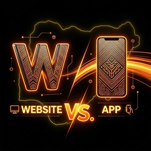 1xBet Nigeria website or app mobile platform comparison icon, glowing Website and App symbols with VS in orange and yellow neon on black background.