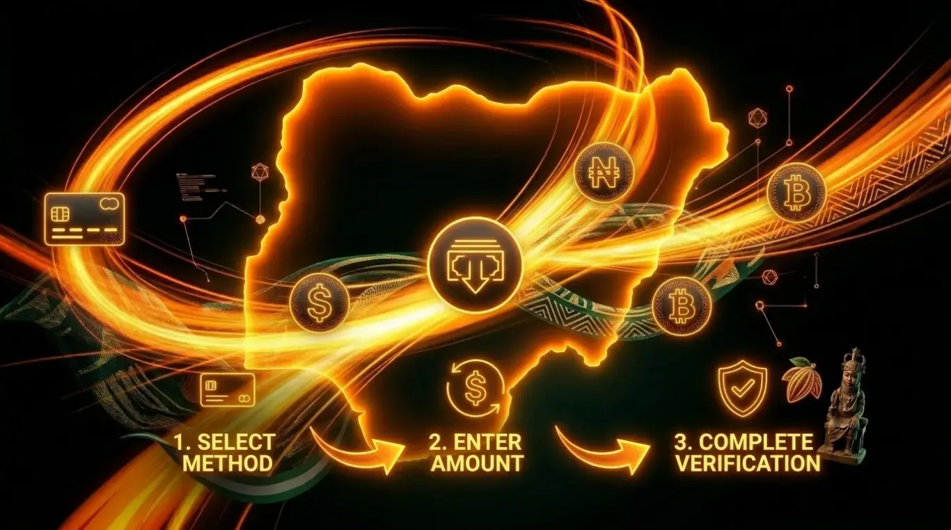 1xBet Nigeria withdrawal rules banner, financial vortex with card, Naira and Bitcoin icons and 3 step guide on black background with Nigerian map and Adire patterns.